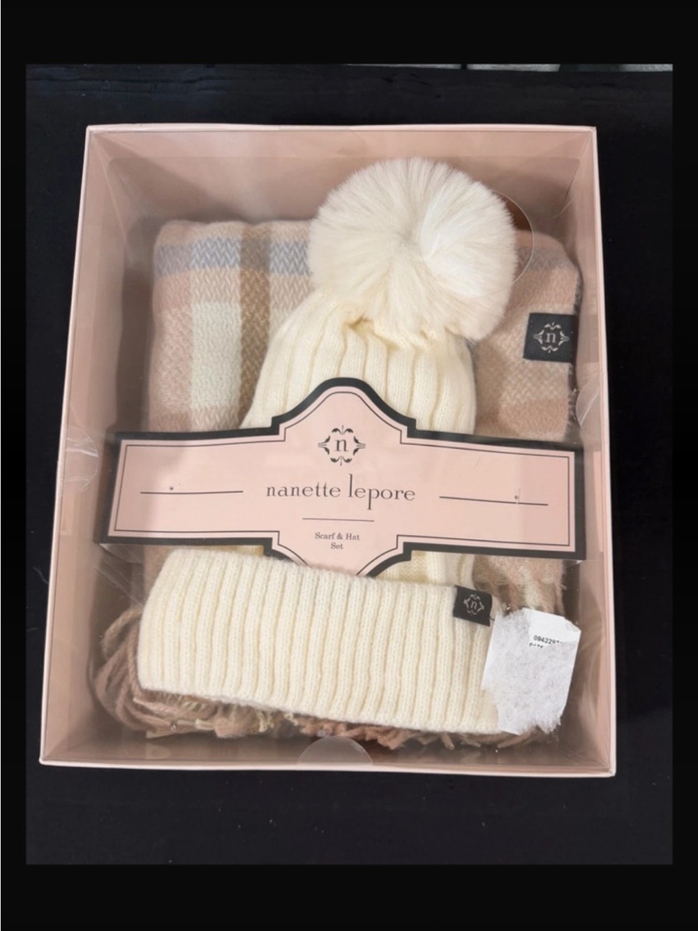 Nanette Lepore Cream Ribbed Pom Hat & Plaid Scarf Set